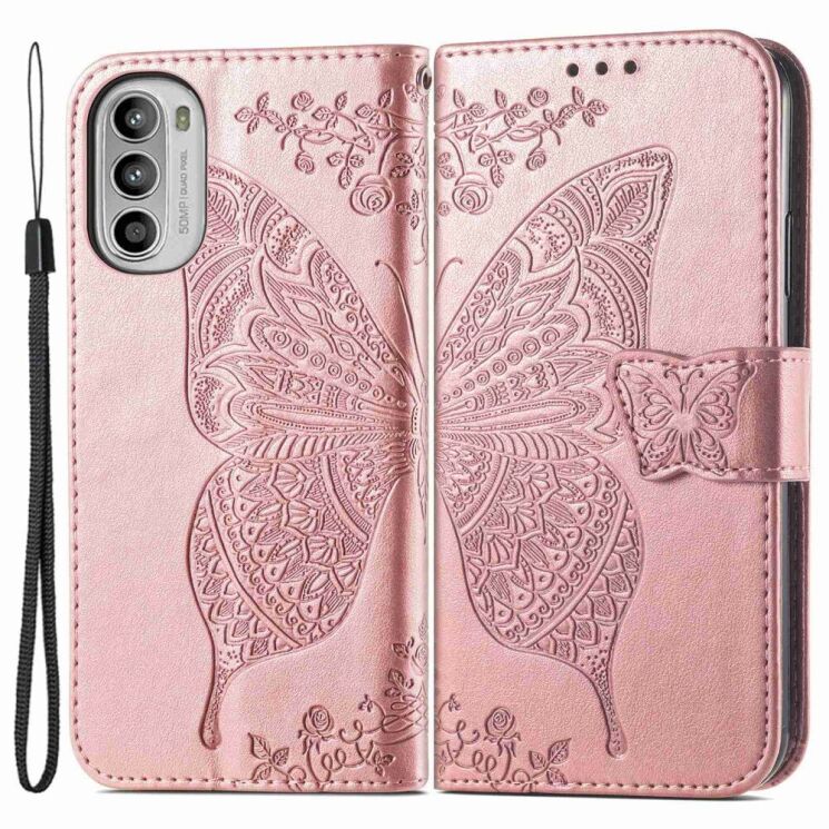 Чехол-книжка с рисунком UniCase Butterfly Pattern для Motorola Moto G52 / G82 - Rose Gold: фото 1 из 8