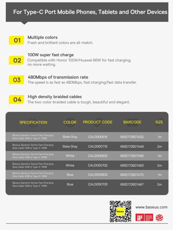 Кабель Baseus Dynamic Series USB to Type-C (100W, 2m) CALD000702 - White: фото 20 з 20