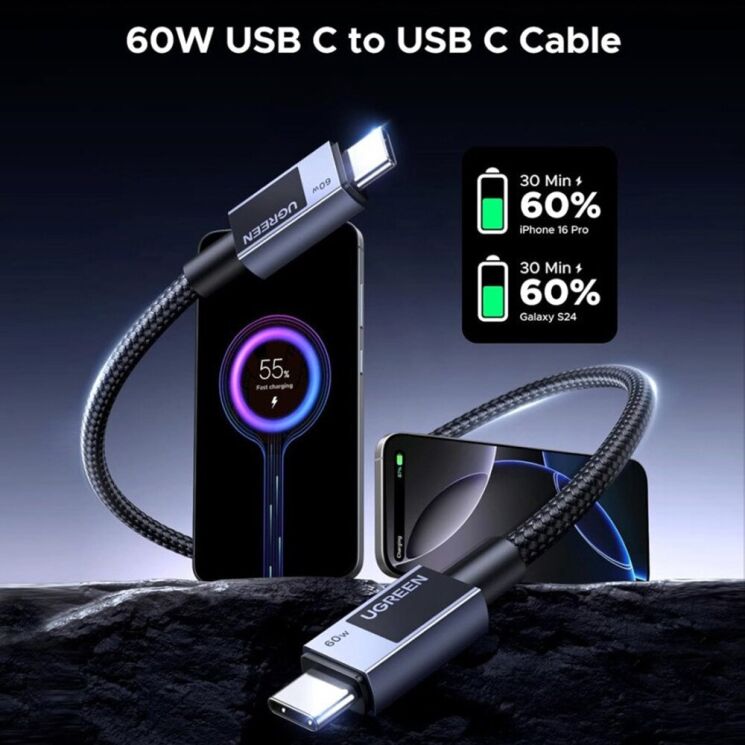 Кабель UGREEN L524 Type-C to Type-C PD60W (3A, 1m) - Space Gray: фото 6 из 7