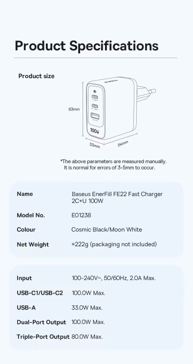 Сетевое зарядное устройство Baseus EnerFill FE22 100W (2Type-C + USB) E0123801 - White (995698W) Сетевое зарядное устройство Baseus EnerFill FE22 100W (2Type-C + USB) E0123801 - White: фото 30 из 32