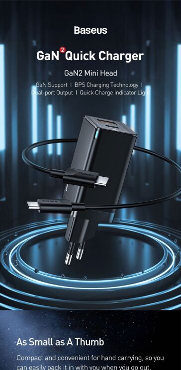 Сетевое зарядное устройство Baseus GaN2 Quick Charger 45W + кабель Type-C (CCGAN-Q01) - Black: фото 9 из 20
