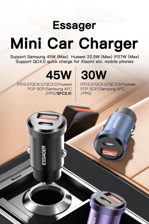 Автомобильное зарядное устройство ESSAGER Gyroscope Mini 45W (Type-C + USB) ECCAC45-TL01-Z - Black: фото 3 из 10