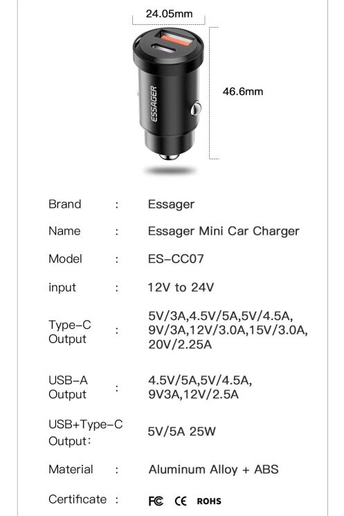 Автомобильное зарядное устройство ESSAGER Gyroscope Mini 45W (Type-C + USB) ECCAC45-TL01-Z - Black: фото 10 из 10