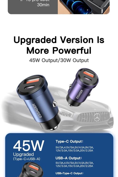 Автомобильное зарядное устройство ESSAGER Gyroscope Mini 45W (Type-C + USB) ECCAC45-TL01-Z - Black: фото 7 из 10