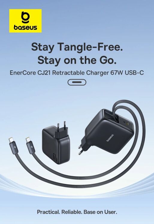 Сетевое зарядное устройство Baseus EnerCore CJ21 Fast Charger 67W (Type-C) + кабель 2Type-C (E0121D00) - Black: фото 4 из 12
