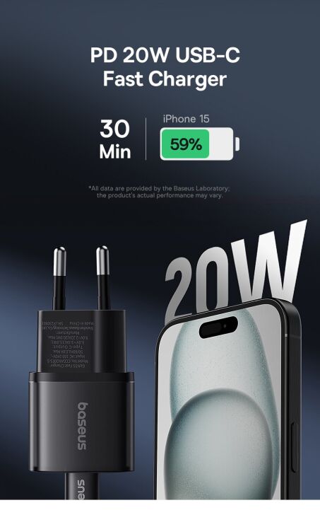 Сетевое зарядное устройство Baseus GaN5S 1C 20W (P10162503) - Black: фото 6 из 13