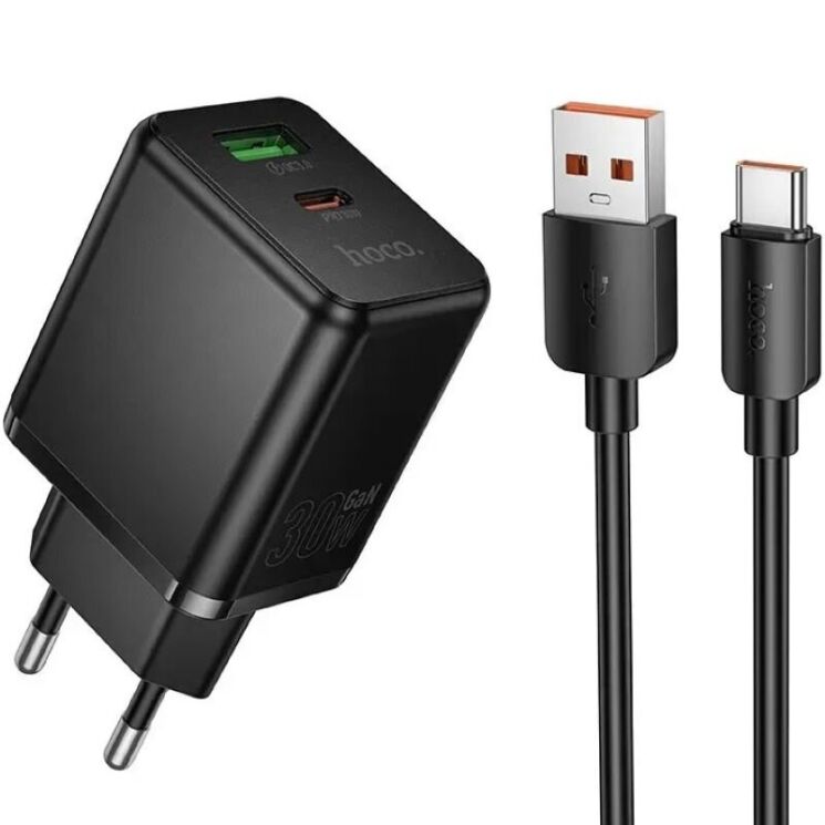 Мережевий зарядний пристрій Hoco C157A PD30W+QC3.0 + кабель USB to Type-C - Black: фото 1 з 9