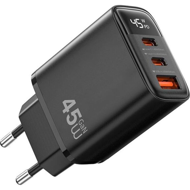 Сетевое зарядное устройство WIWU Wi-G011 Gan 45W (1U+2C) - Black: фото 1 из 4