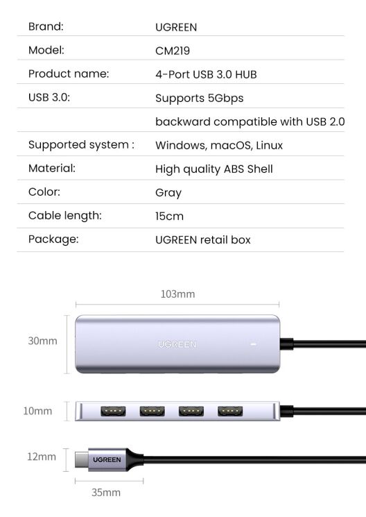 USB HUB UGREEN CM219 4 in 1 Type-C to 4USB 3.0 - Space Gray: фото 15 из 16