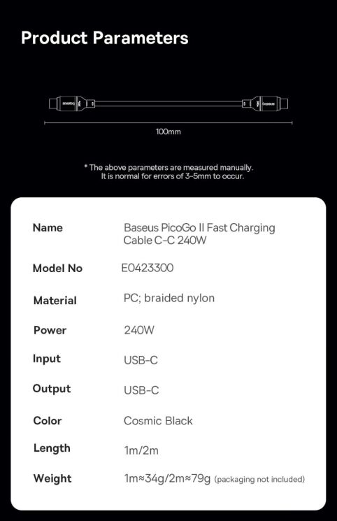 Кабель Baseus PicoGo Type-С to Type-C (240W, 1m) E0423300 - Black: фото 14 з 15