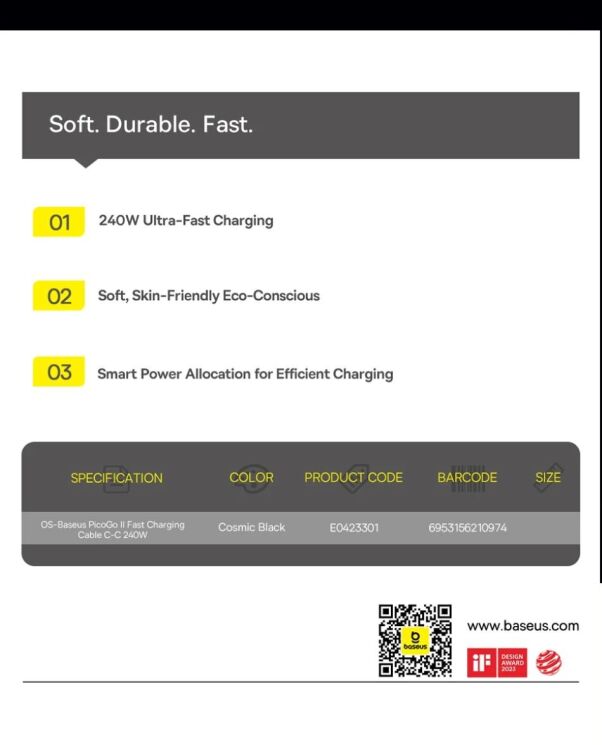 Кабель Baseus PicoGo Type-С to Type-C (240W, 1m) E0423300 - Black: фото 15 з 15