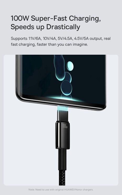 Кабель Baseus Tungsten Gold USB to Type-C (100W, 2m) CAWJ000101 - Black: фото 10 з 23