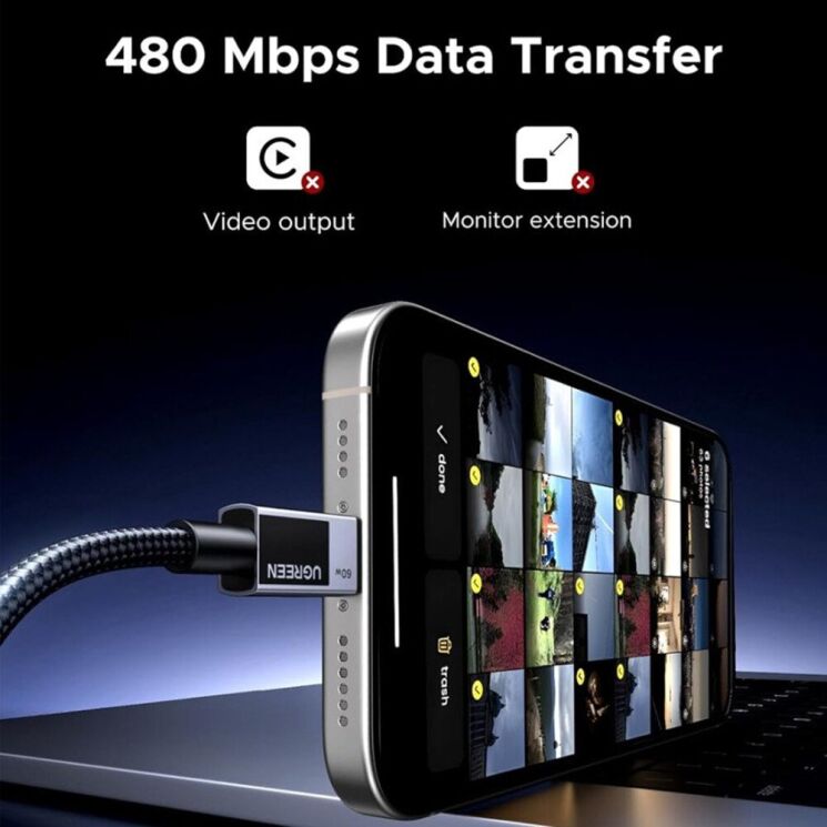 Кабель UGREEN L524 Type-C to Type-C PD60W (3A, 2m) - Space Gray: фото 7 з 7