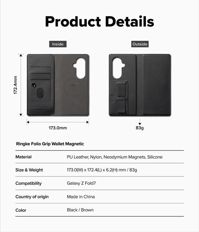 Накладной чехол-кошелек Ringke Folio Grip Wallet Magnetic (FF) для Samsung Galaxy Fold 8 Ultra / Fold 7 (8800293855408) - Black: фото 10 из 10