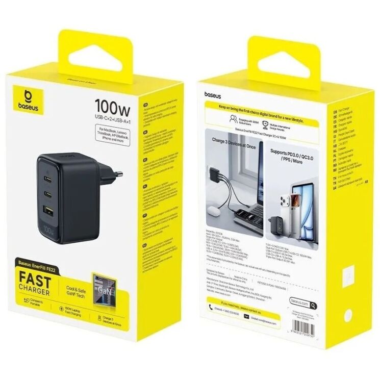 Сетевое зарядное устройство Baseus EnerFill FE22 100W (2Type-C + USB) E0123800 - Black (995698B) Сетевое зарядное устройство Baseus EnerFill FE22 100W (2Type-C + USB) E0123800 - Black: фото 2 из 31