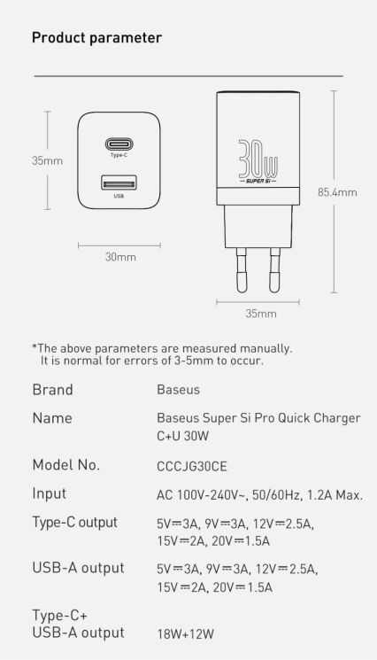 Мережевий зарядний пристрій Baseus Super Si Pro Quick Charger C+U (30W) CCSUPP-E01 - Black: фото 23 з 25
