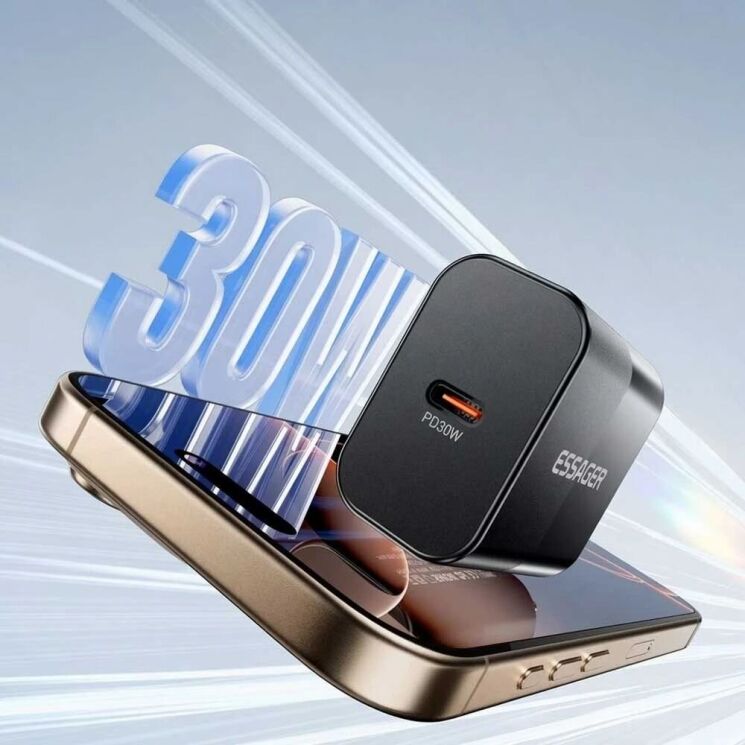 Сетевое зарядное устройство ESSAGER 30W Type-C + кабель Type-C to Type-C (E30JSB1-SYTT1-T) - Black (995687B) Сетевое зарядное устройство ESSAGER 30W Type-C + кабель Type-C to Type-C (E30JSB1-SYTT1-T) - Black: фото 5 из 7