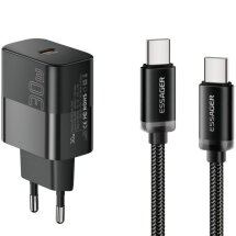 Сетевое зарядное устройство ESSAGER 30W Type-C + кабель Type-C to Type-C (E30JSB1-SYTT1-T) - Black: фото 1 из 7
