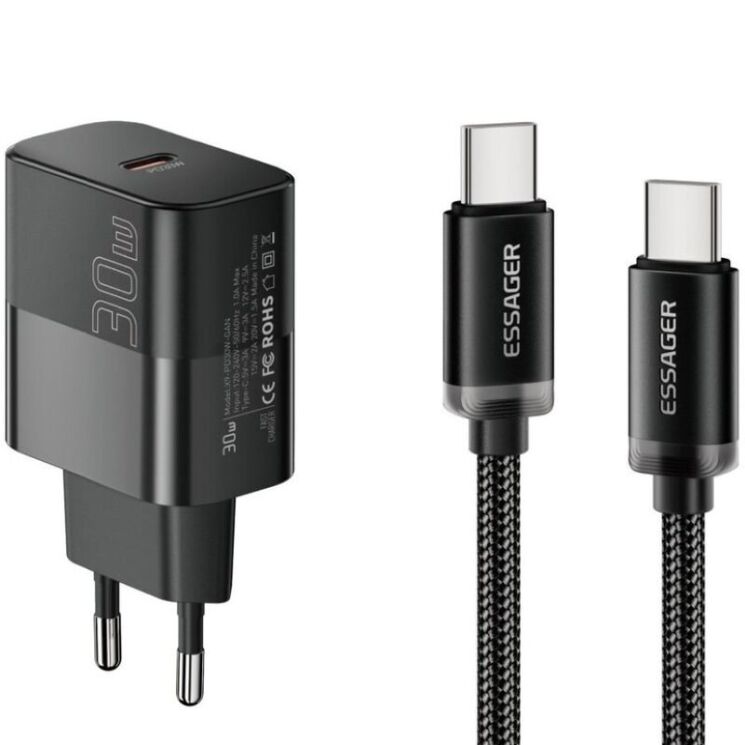 Сетевое зарядное устройство ESSAGER 30W Type-C + кабель Type-C to Type-C (E30JSB1-SYTT1-T) - Black (995687B) Сетевое зарядное устройство ESSAGER 30W Type-C + кабель Type-C to Type-C (E30JSB1-SYTT1-T) - Black: фото 1 из 7