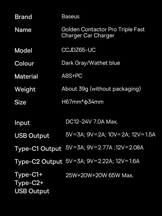 Автомобильное зарядное устройство Baseus Golden Contactor Pro Triple Fast Charger (65W) CGJP010013 - Dark Gray: фото 20 из 22