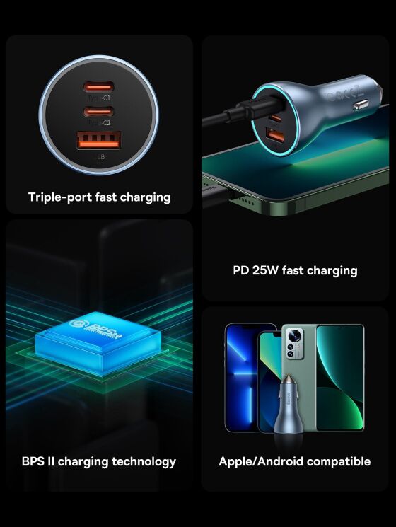 Автомобильное зарядное устройство Baseus Golden Contactor Pro Triple Fast Charger (65W) CGJP010013 - Dark Gray: фото 7 из 22