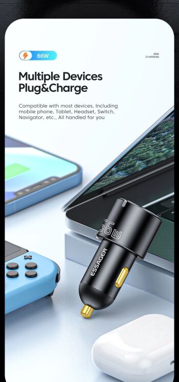 Автомобильное зарядное устройство ESSAGER City Dual 66W (Type-C + USB) ECC2C1A-FF01 - Black (923419B) Автомобильное зарядное устройство ESSAGER City Dual 66W (Type-C + USB) ECC2C1A-FF01 - Black: фото 9 из 14
