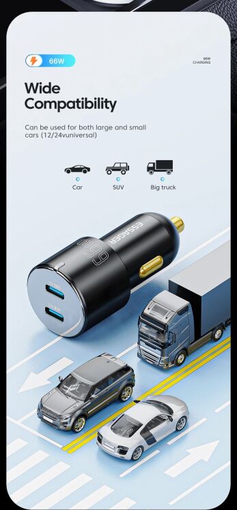 Автомобильное зарядное устройство ESSAGER City Dual 66W (Type-C + USB) ECC2C1A-FF01 - Black (923419B) Автомобильное зарядное устройство ESSAGER City Dual 66W (Type-C + USB) ECC2C1A-FF01 - Black: фото 12 из 14