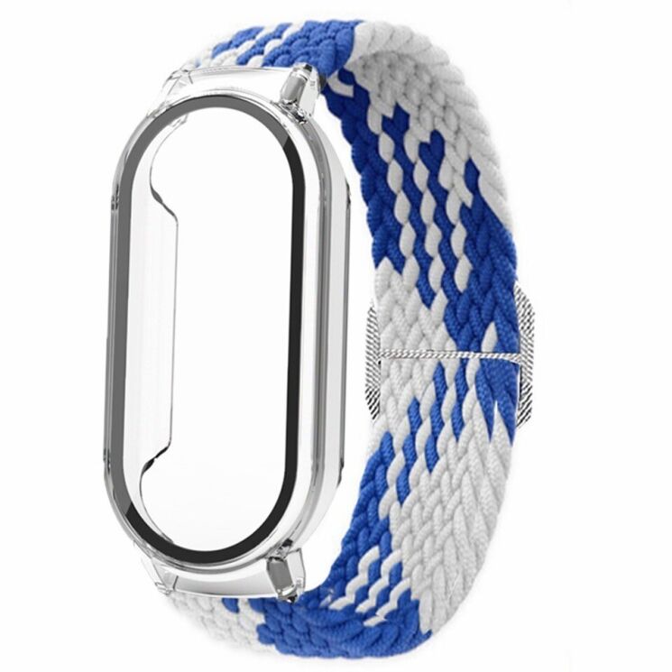 Ремешок Deexe Braided Nylon для Xiaomi Mi Smart Band 8 - Blue White+Transparent Case: фото 1 из 3