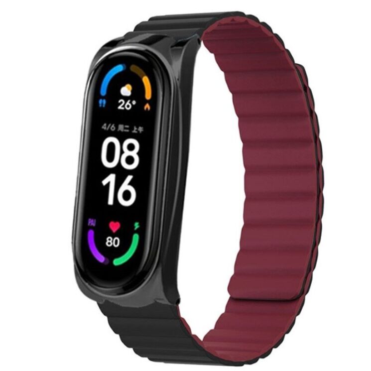 Ремешок Deexe Soft Chain для Xiaomi Mi Band 5 / Mi Band 6 / Mi Band 7 - Black / Wine Red: фото 2 из 4