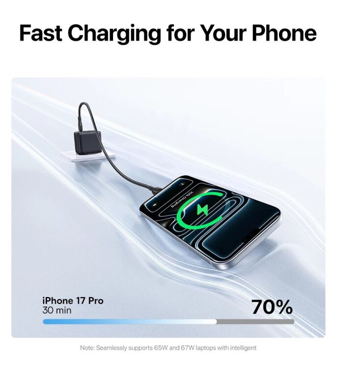 Сетевое зарядное устройство Baseus EnerFill FE22 70W (2Type-C + USB) E0123500 - Black: фото 8 из 18