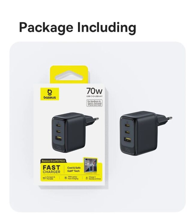 Сетевое зарядное устройство Baseus EnerFill FE22 70W (2Type-C + USB) E0123500 - Black: фото 18 из 18