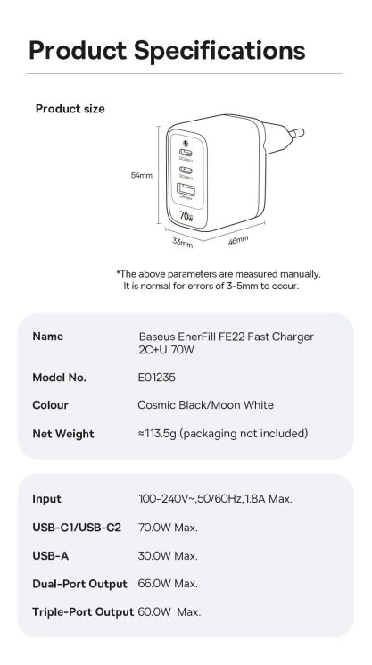 Сетевое зарядное устройство Baseus EnerFill FE22 70W (2Type-C + USB) E0123500 - Black: фото 17 из 18
