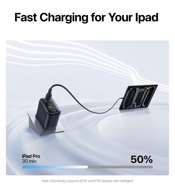 Сетевое зарядное устройство Baseus EnerFill FE22 70W (2Type-C + USB) E0123500 - Black: фото 7 из 18