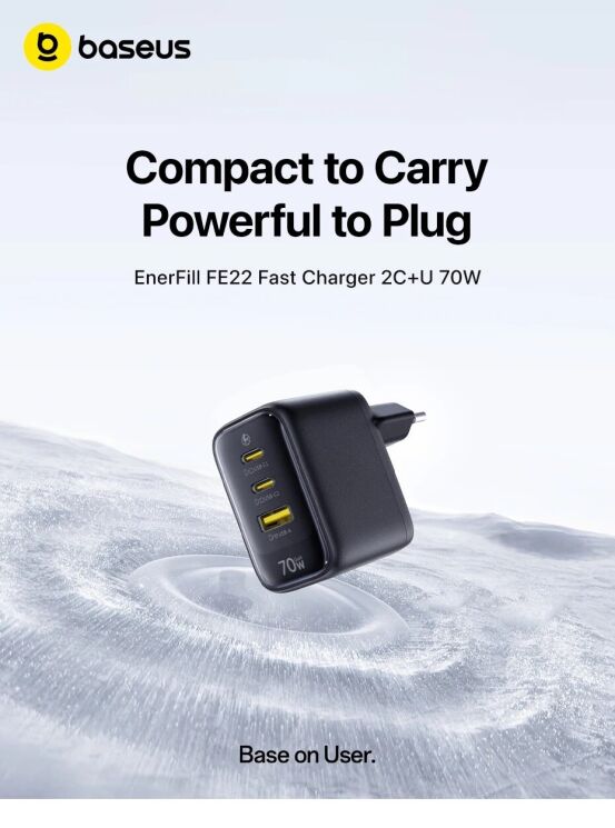 Сетевое зарядное устройство Baseus EnerFill FE22 70W (2Type-C + USB) E0123500 - Black: фото 4 из 18