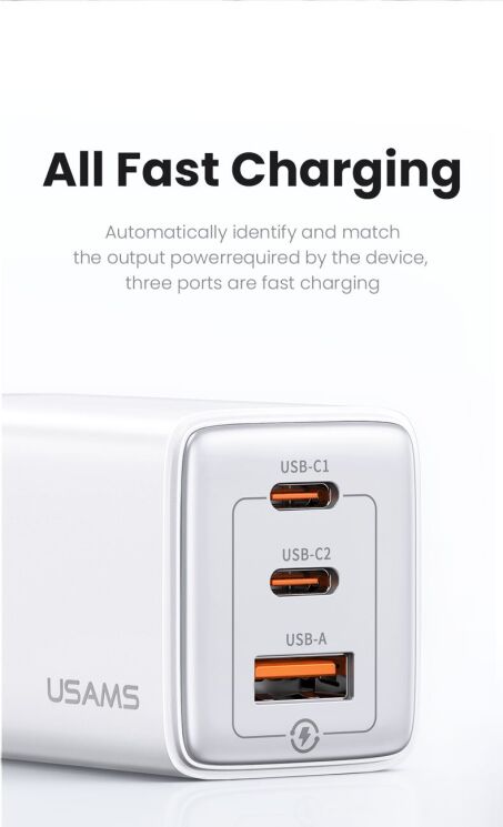 Сетевое зарядное устройство Usams US-CC180 65W ACC 3 Ports GaN - Black: фото 4 из 16