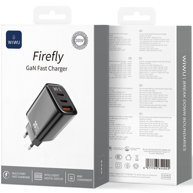 Мережевий зарядний пристрій WIWU Wi-G010 Gan 30W (1U+2C) - Black: фото 4 з 4