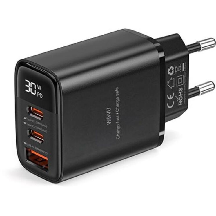 Мережевий зарядний пристрій WIWU Wi-G010 Gan 30W (1U+2C) - Black: фото 3 з 4