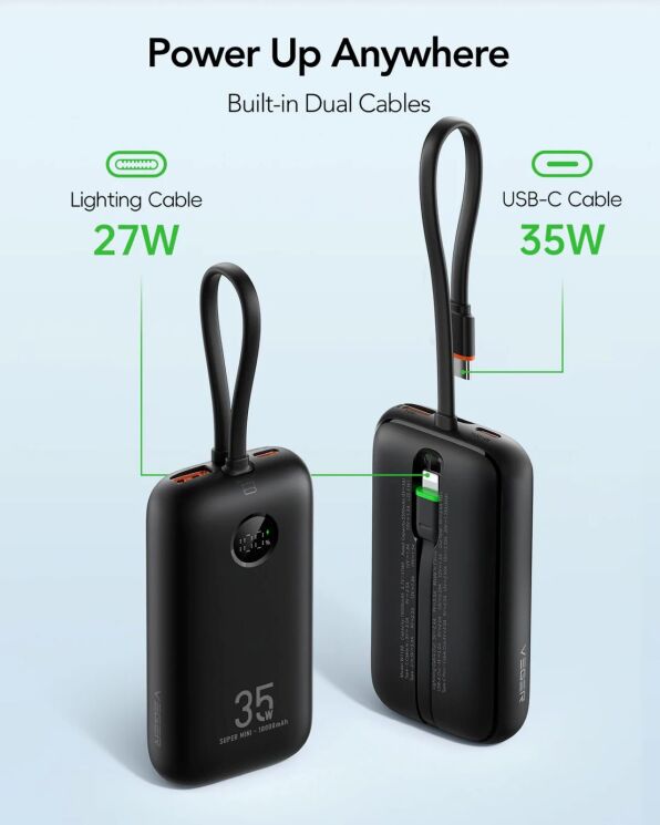 Внешний аккумулятор VEGER K1 35W + QC3.0 (10000mAh) + кабель Type-C + Lightning - Black: фото 4 из 7