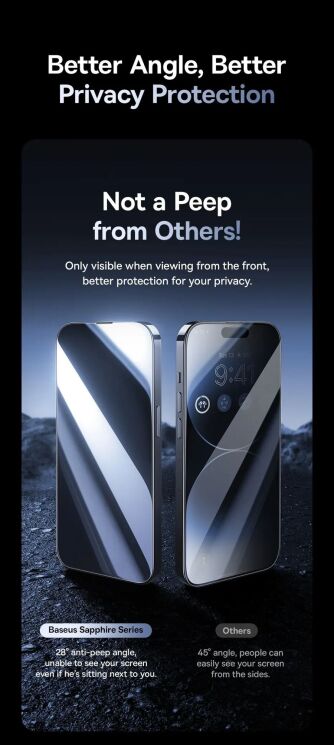 Защитное стекло BASEUS Sapphire Series Anti-spy для Apple iPhone 15 Pro - Black: фото 7 из 21