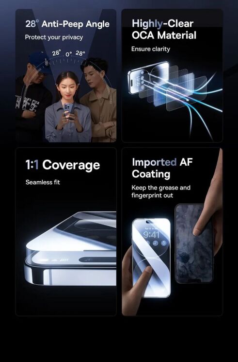 Защитное стекло BASEUS Sapphire Series Anti-spy для Apple iPhone 15 Pro - Black: фото 6 из 21