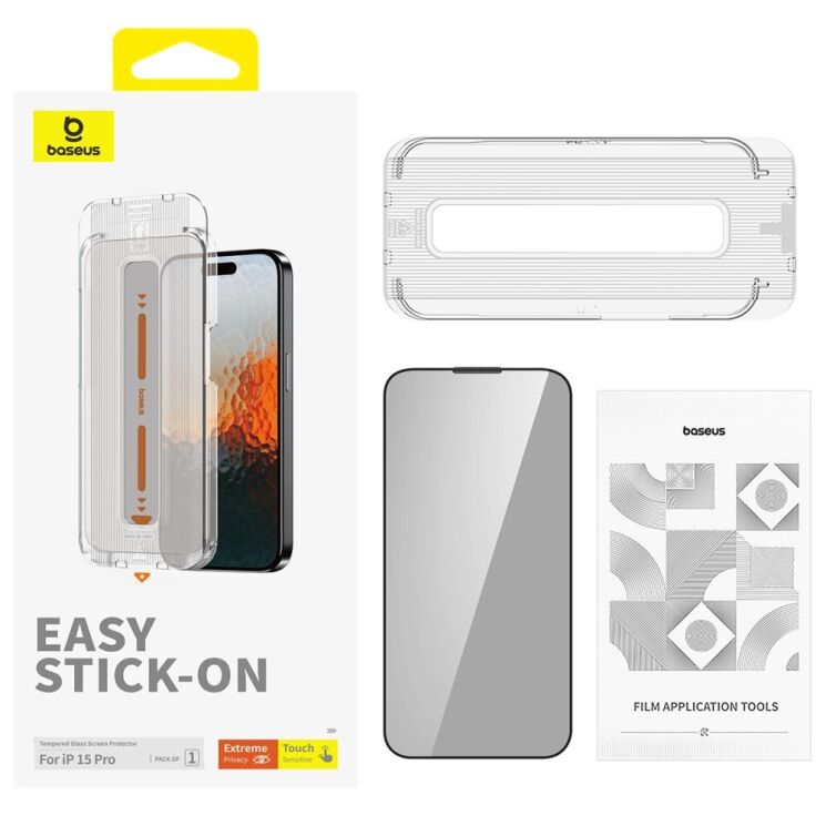 Защитное стекло BASEUS Sapphire Series Anti-spy для Apple iPhone 15 Pro - Black: фото 2 из 21