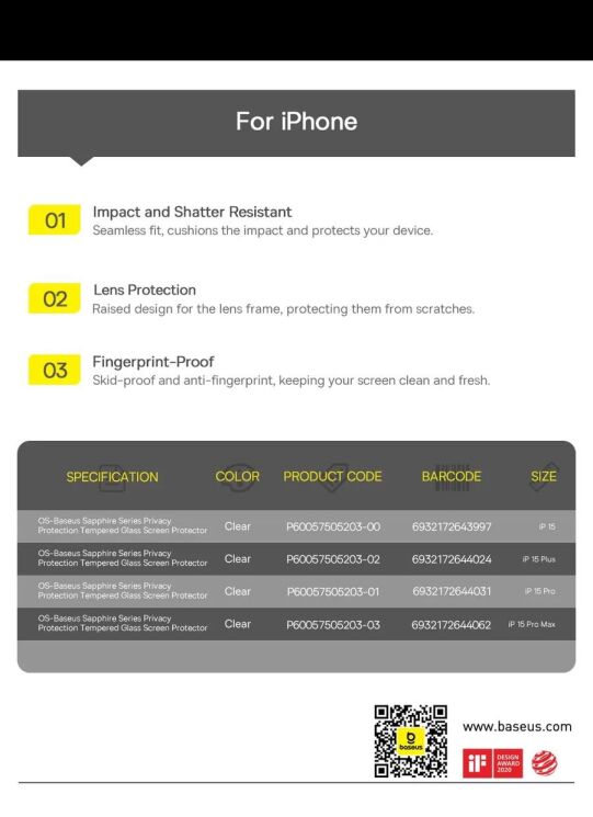 Защитное стекло BASEUS Sapphire Series Anti-spy для Apple iPhone 15 Pro - Black: фото 21 из 21