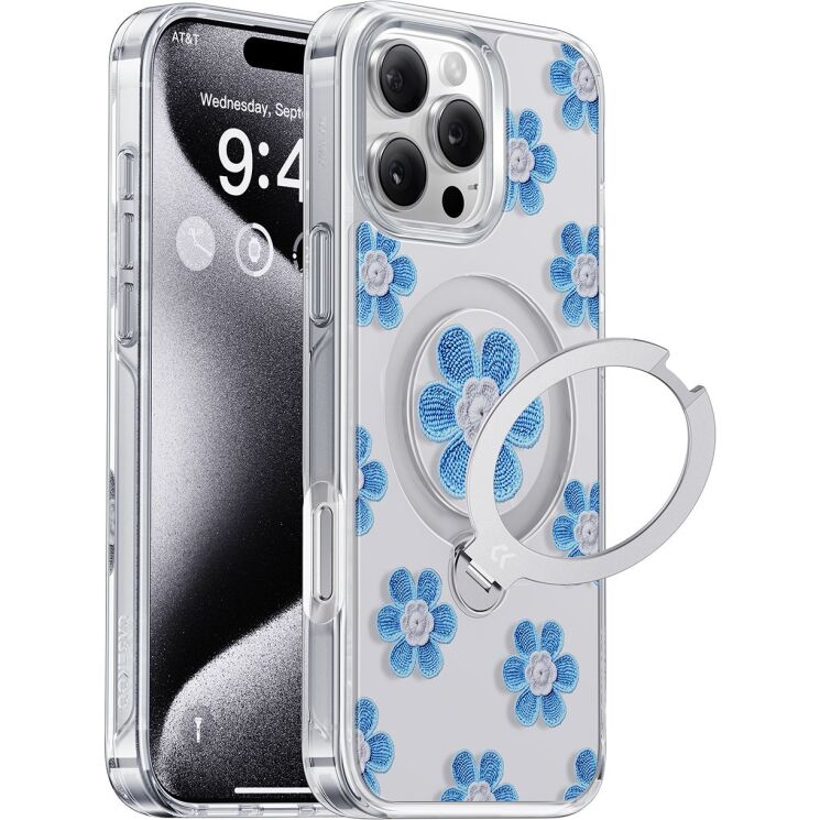 Захисний чохол CASEKOO Floral Series MagSafe для iPhone 16 Pro - Blue Flowers: фото 1 з 5