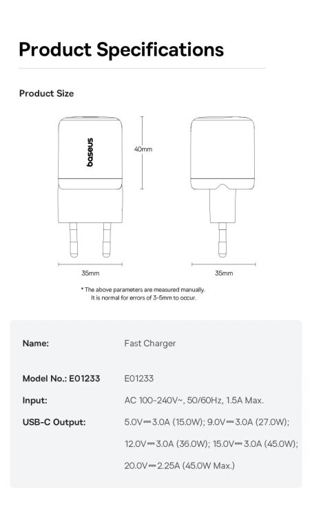 Сетевое зарядное устройство Baseus EnerFill FN22 45W (Type-C) E0123300 - Black (995697B) Сетевое зарядное устройство Baseus EnerFill FN22 45W (Type-C) E0123300 - Black: фото 12 из 13