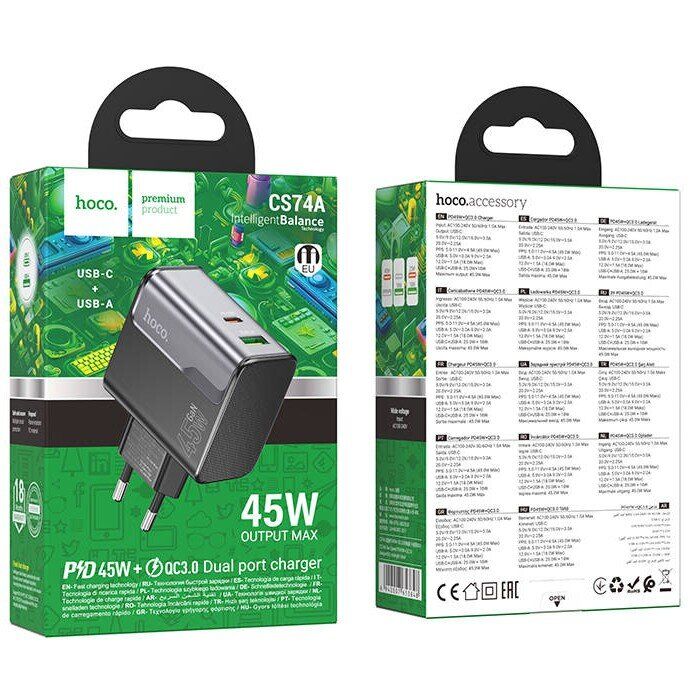 Сетевое зарядное устройство Hoco CS74A PD45W + QC3.0 - Black: фото 7 из 7