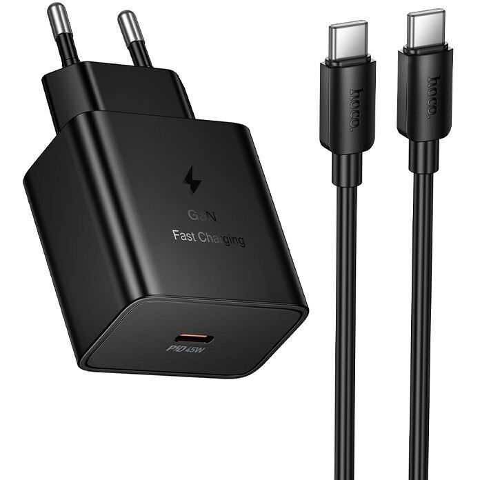 Мережевий зарядний пристрій Hoco N77 PD45W (Type-C) + кабель Type-C to Type-C - Black: фото 1 з 10