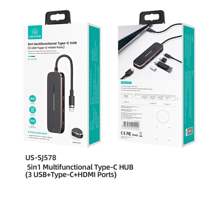 Type-C HUB Usams US-SJ578 5 in 1 Multifunctional (Type-C to 3USB+Type-C+HDMI) - Black: фото 17 из 17