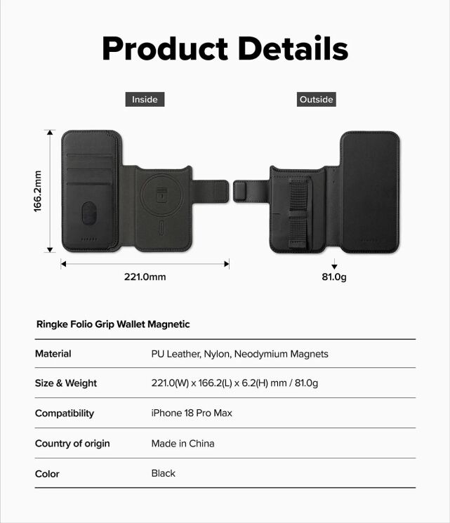 Накладной чехол-кошелек Ringke Folio Grip Wallet Magnetic для iPhone 18 Pro Max (8800380462403) - Black (423989B) Накладной чехол-кошелек Ringke Folio Grip Wallet Magnetic для iPhone 18 Pro Max (8800380462403) - Black: фото 14 из 14