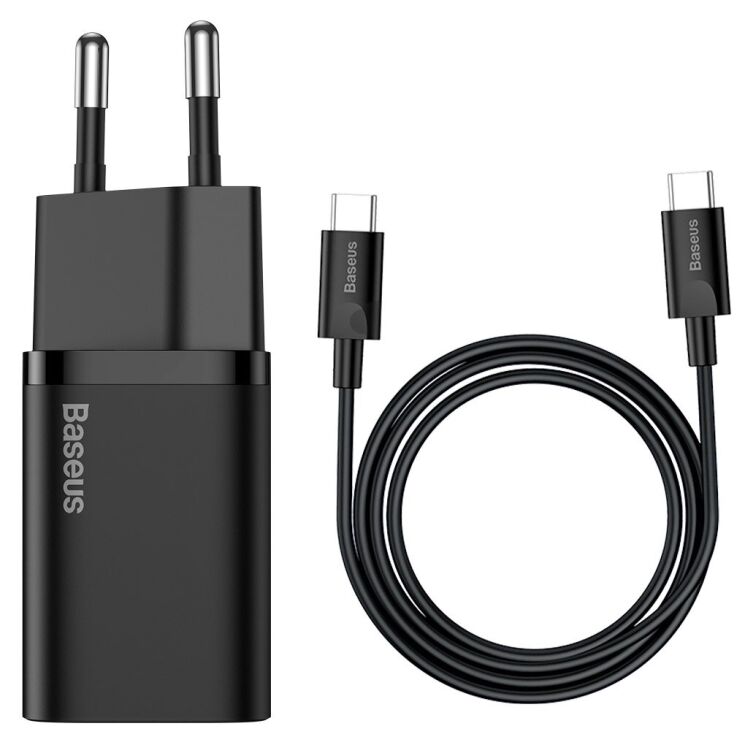Мережевий зарядний пристрій Baseus Super Si Quick Charger (25W) + кабель Type-C to Type-C (3A, 1m) TZCCSUP-L — Black: фото 1 з 22
