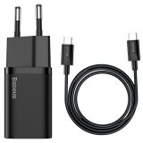 Мережевий зарядний пристрій Baseus Super Si Quick Charger (25W) + кабель Type-C to Type-C (3A, 1m) TZCCSUP-L — Black (141804B)